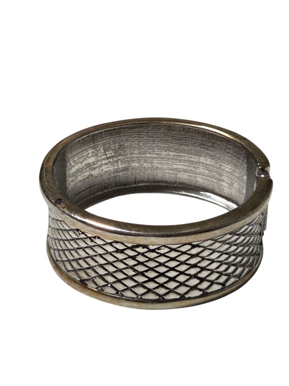 Vintage Hinged Bracelet Diamond Texture Silver Gold Tone Oval Fashion Jewelry